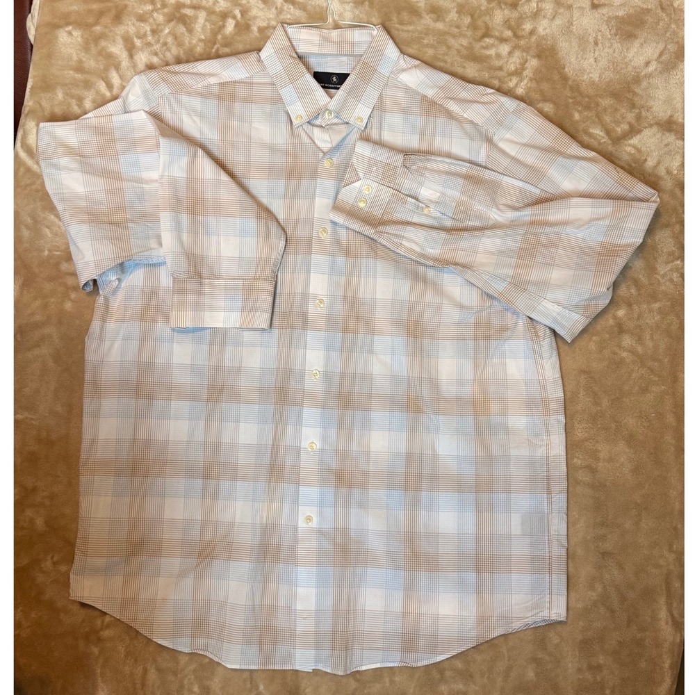 Hart Schaffner Marx Mens XL Plaid Button Down Shirt Long Sleeve White Blue Tan